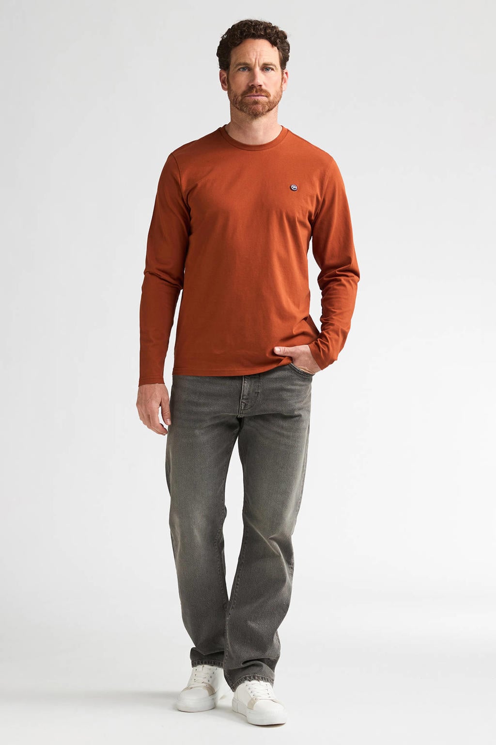 Brique heren Petrol Industries regular fit longsleeve van katoen met effen, lange mouwen en ronde hals