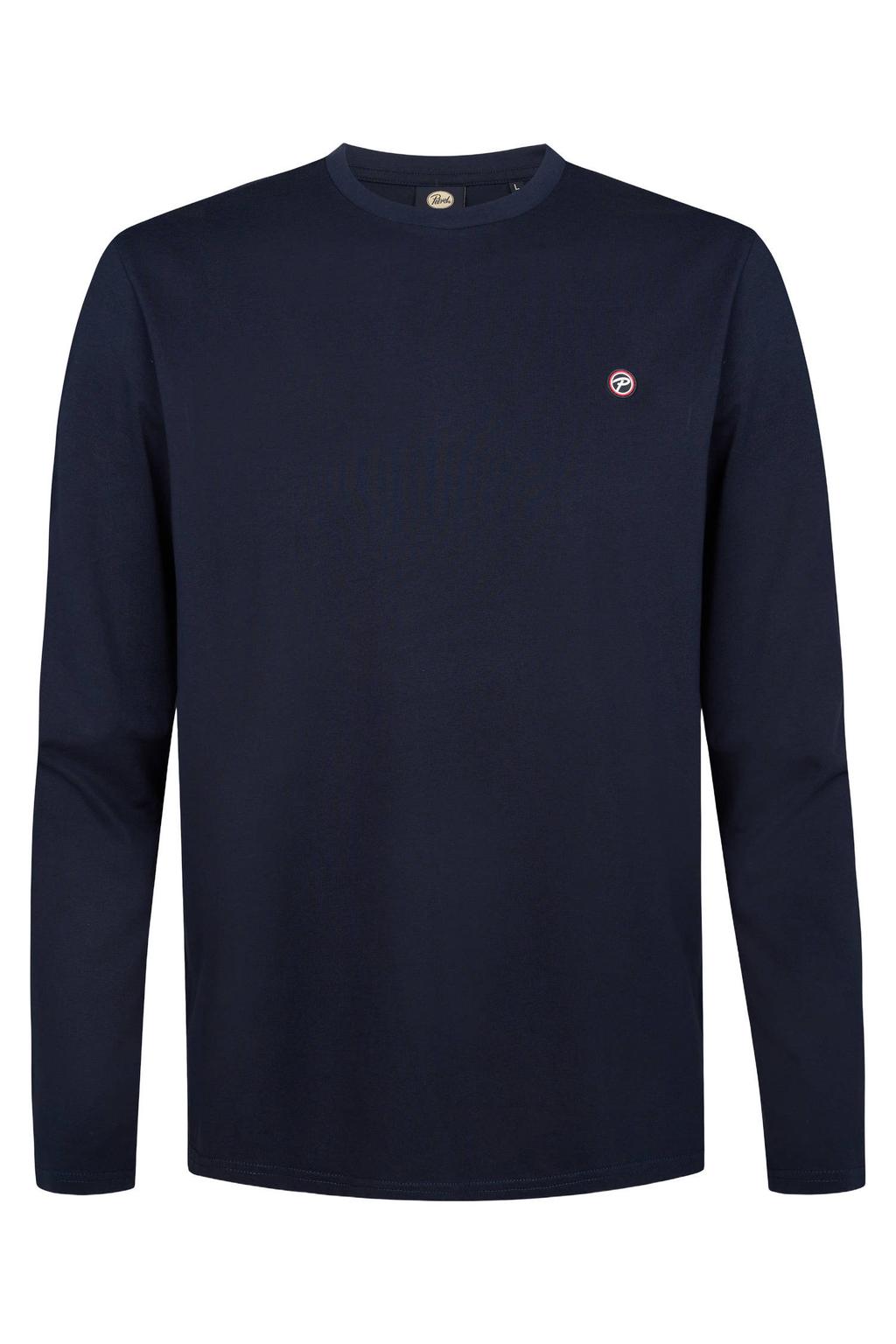 Donkerblauwe heren Petrol Industries regular fit longsleeve van katoen met effen, lange mouwen en ronde hals