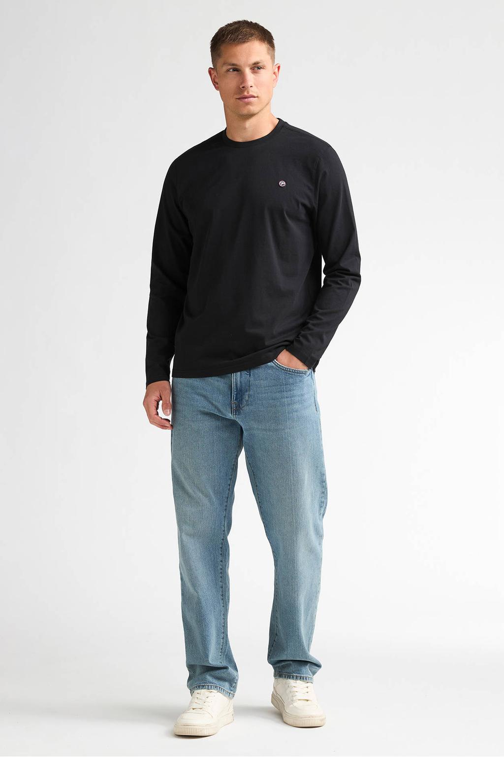 Zwarte heren Petrol Industries regular fit longsleeve van katoen met effen, lange mouwen en ronde hals