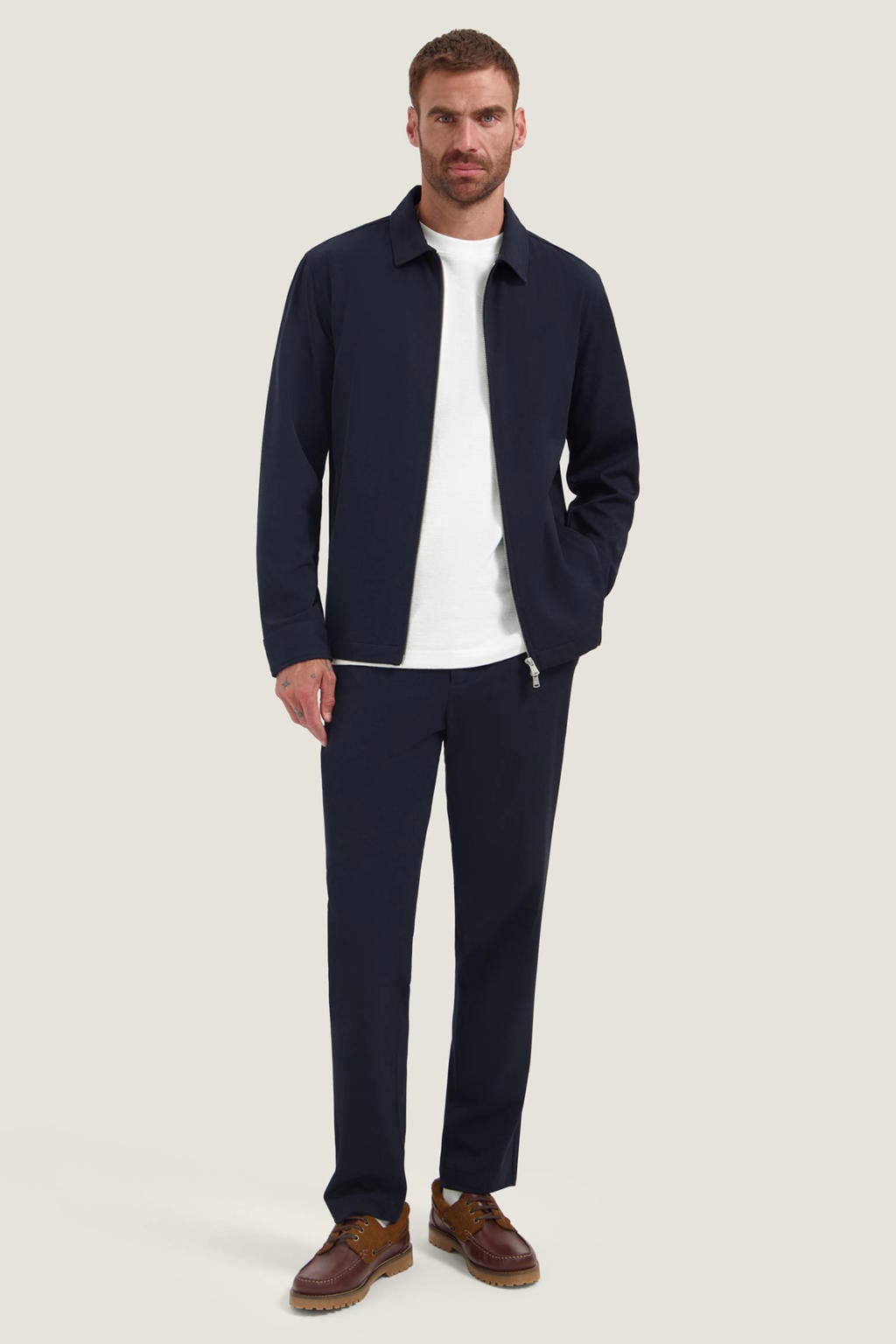 Donkerblauwe heren Dstrezzed regular fit overshirt van polyester met effen, lange mouwen en klassieke kraag