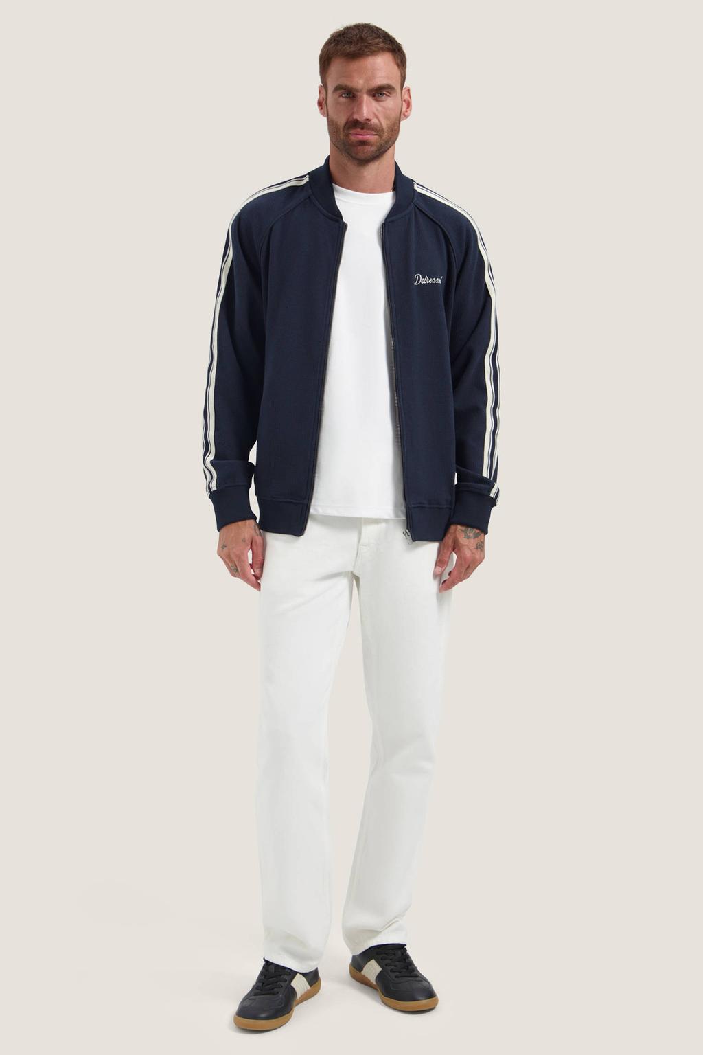 Donkerblauwe heren Dstrezzed sweatvest van polyester met effen, lange mouwen, opstaande kraag, ritssluiting en textuur