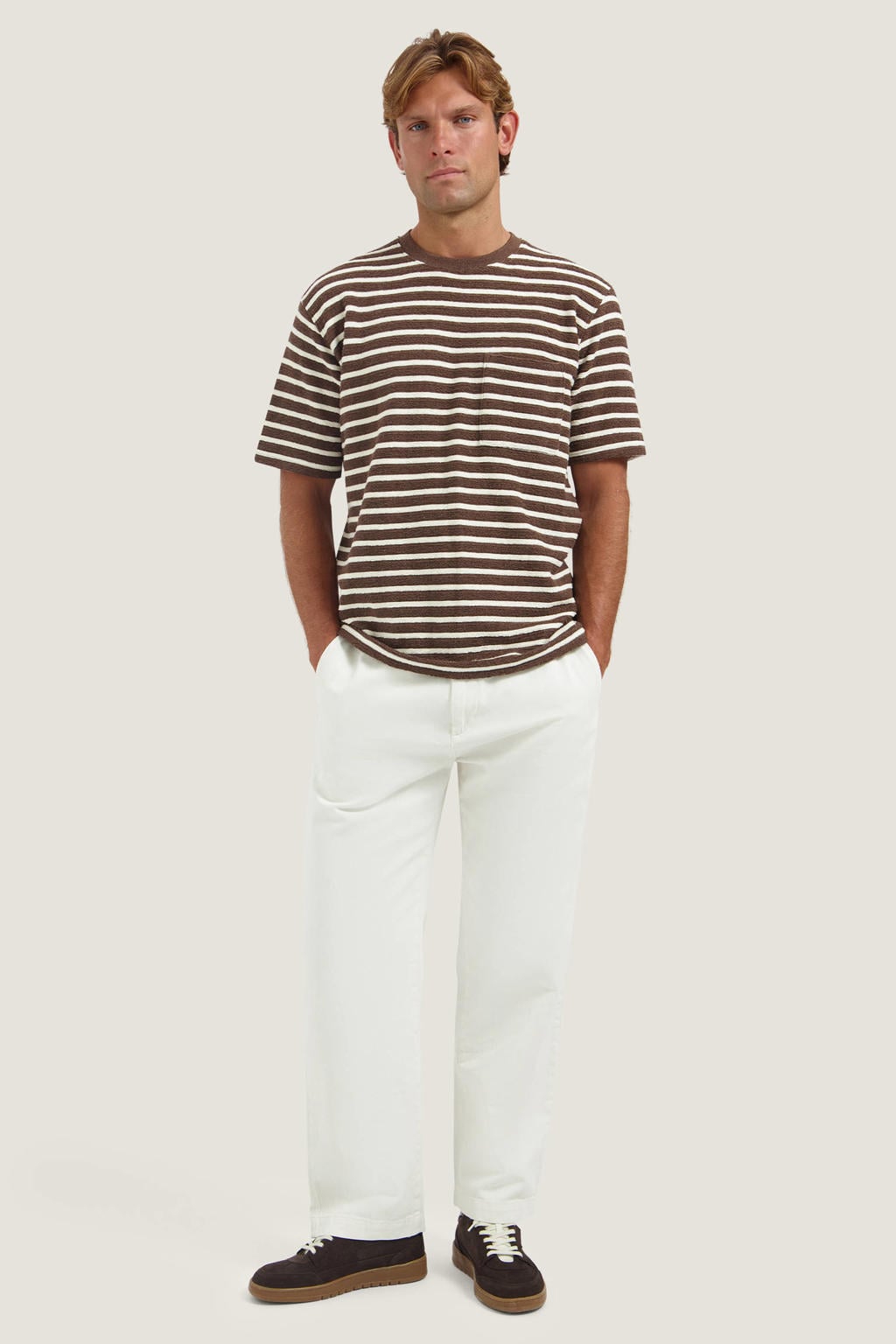 Donkerblauwe heren Dstrezzed oversized gestreept T-shirt van badstof met korte mouwen en ronde hals