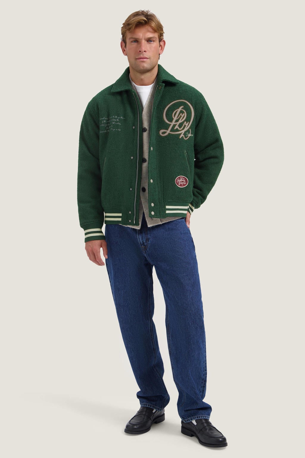 Groene heren Dstrezzed baseball jacket en wol met backprint, lange mouwen, klassieke kraag, rits- en drukknoopsluiting en borduursels