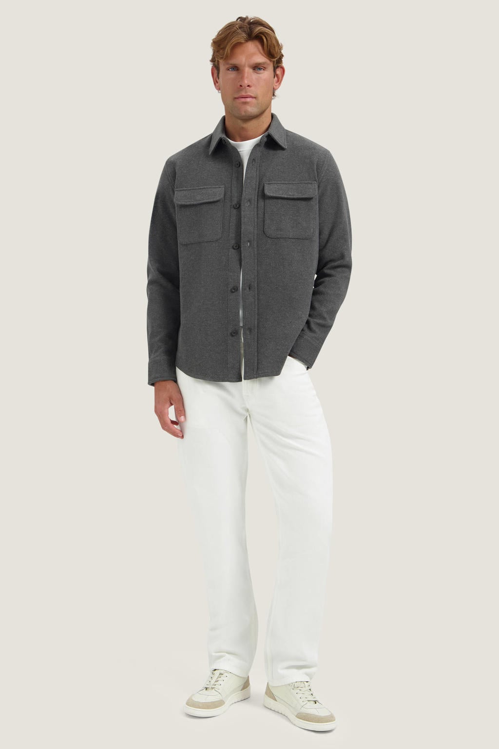 Grijze heren Dstrezzed regular fit overshirt van polyester met melée print, lange mouwen en klassieke kraag