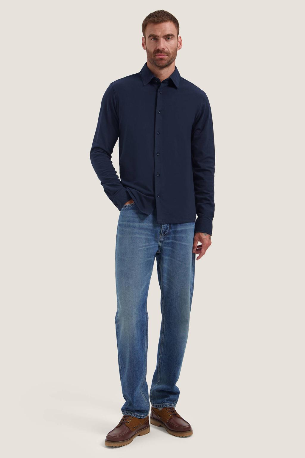 Donkerblauwe heren Dstrezzed slim fit piqué overhemd van katoen met effen, lange mouwen en klassieke kraag