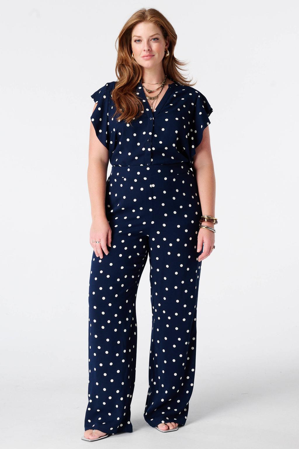 Donkerblauw en witte dames MS Mode top Plus Size en ruches met stippenprint en korte mouwen