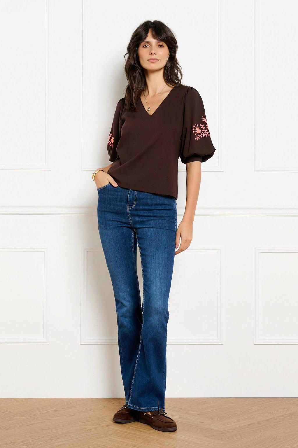 Bruin en roze dames LOLALIZA top van viscose met effen, driekwart mouwen, V-hals en borduursels