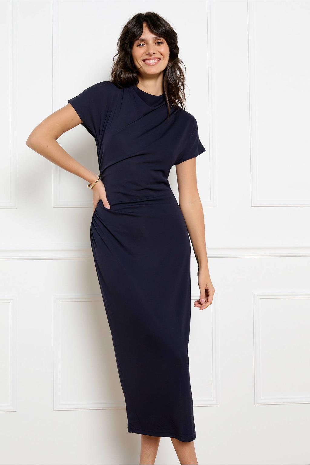 Donkerblauwe dames LOLALIZA midi jurk van polyester met effen, korte mouwen en ronde hals