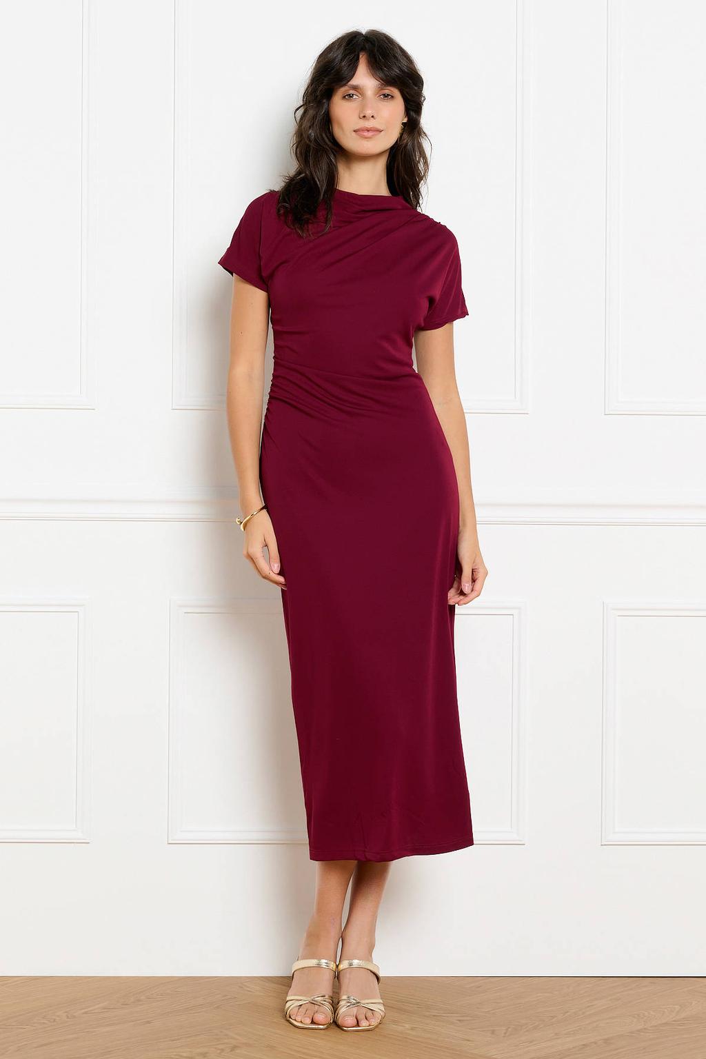 Donkerrode dames LOLALIZA midi zomerjurk van polyester met effen, korte mouwen en ronde hals