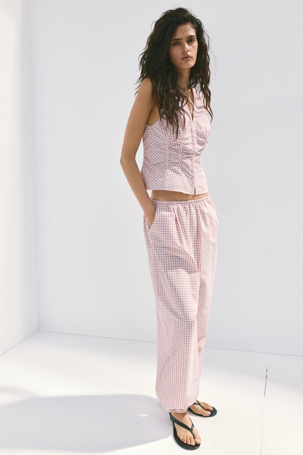 Mango geruite top - lichtroze
