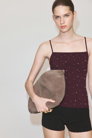 top met parels - roodbruin