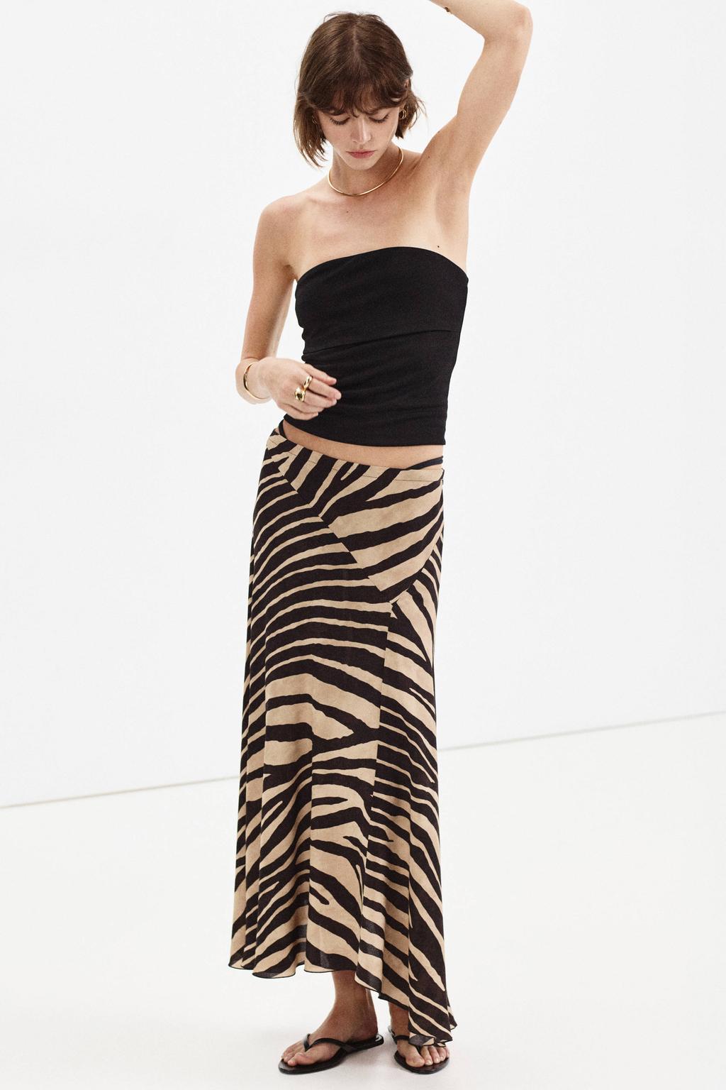 Beige en zwarte dames Mango midi rok met zebraprint gemaakt van viscose en met ritssluiting