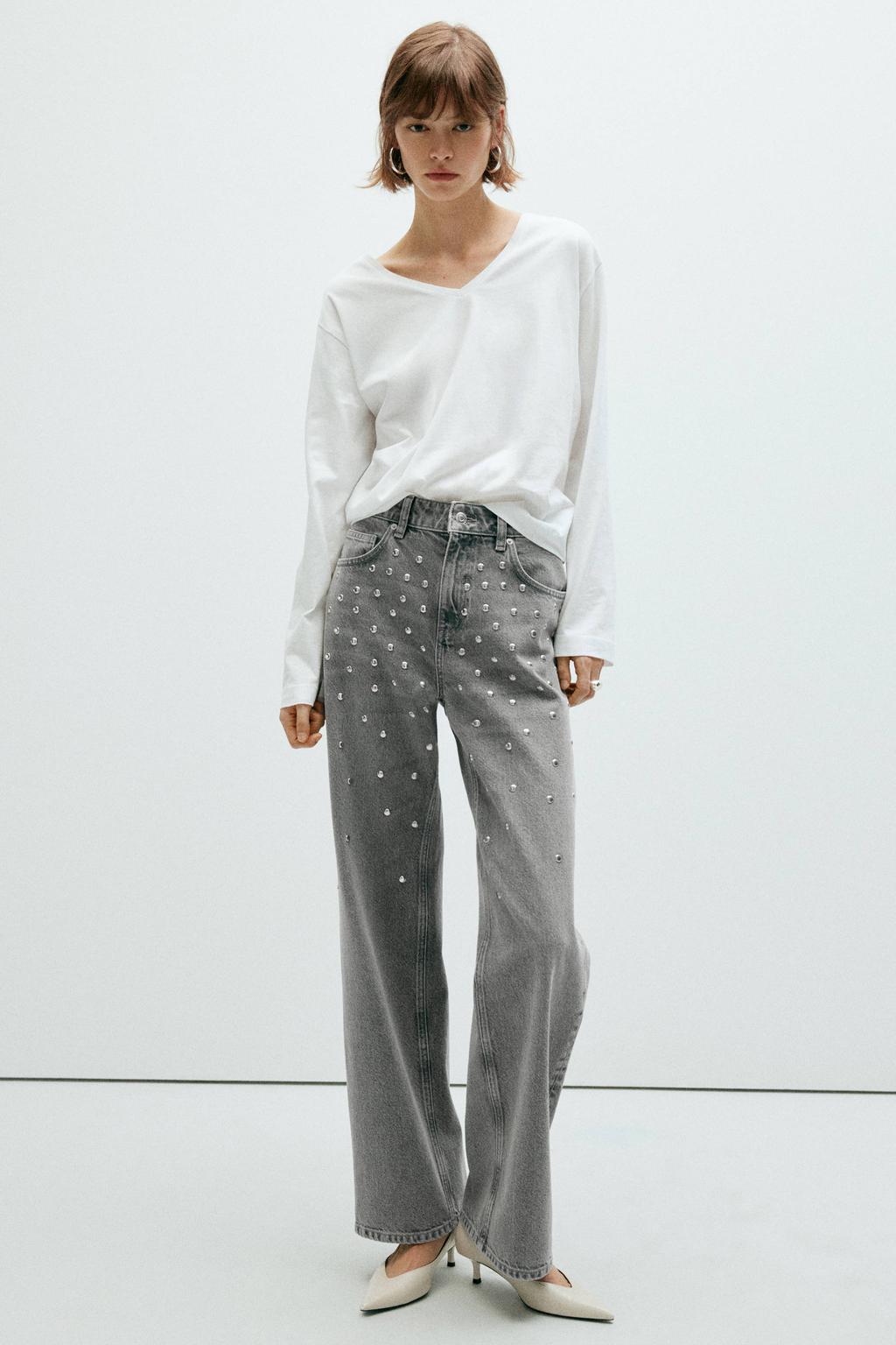 Grey denim dames Mango straight leg jeans van denim met rits- en knoopsluiting en effen