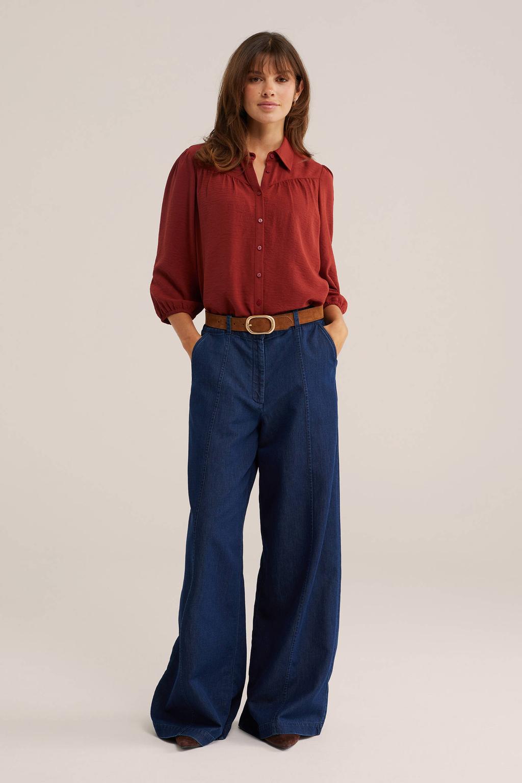 Roodbruine dames WE Fashion blouse bruin van polyester met effen, driekwart mouwen, klassieke kraag en knoopsluiting