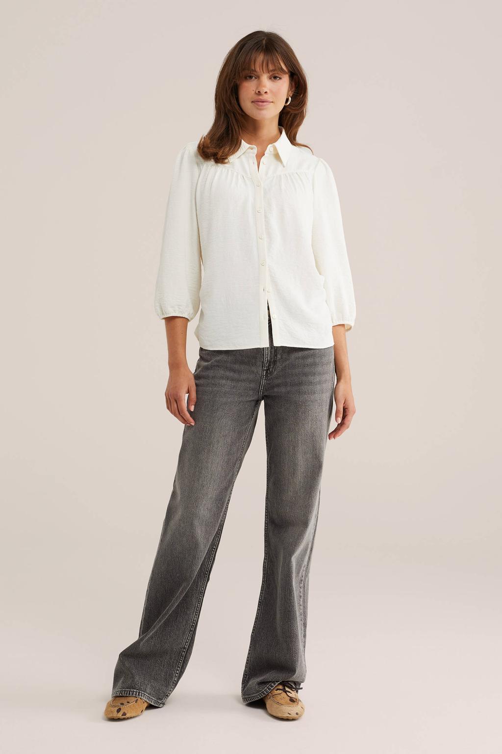 Ecru dames WE Fashion blouse van polyester met effen, driekwart mouwen, klassieke kraag en knoopsluiting