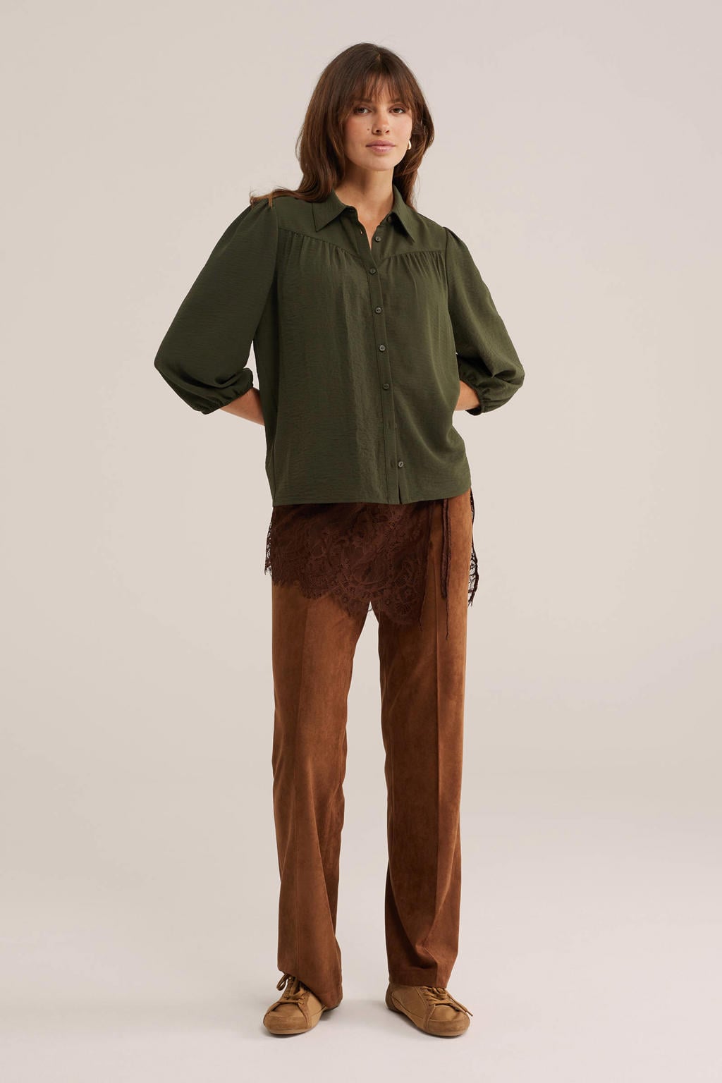 Groene dames WE Fashion blouse van polyester met effen, driekwart mouwen, klassieke kraag en knoopsluiting