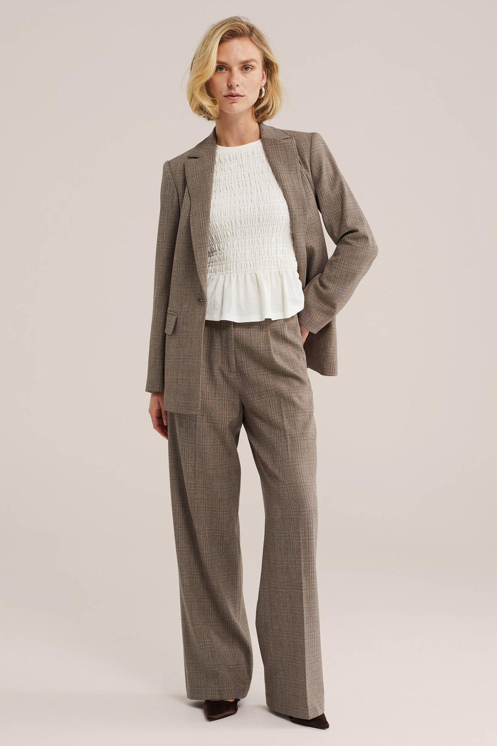 Bruine dames WE Fashion regular fit geruite blazer van polyester met lange mouwen en reverskraag