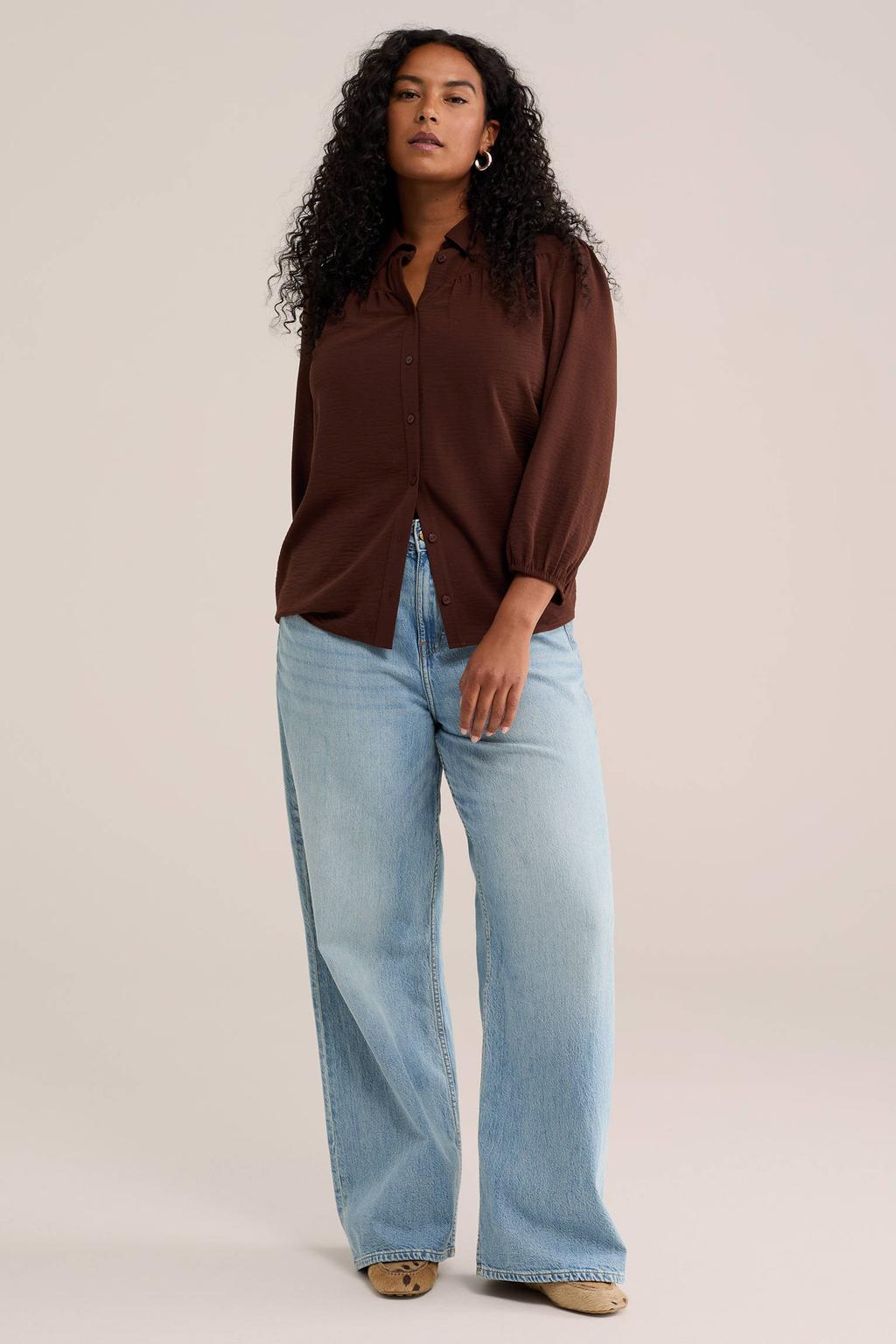 Roodbruine dames WE Fashion Curve blouse Plus Size bruin van polyester met effen, driekwart mouwen, klassieke kraag en knoopsluiting