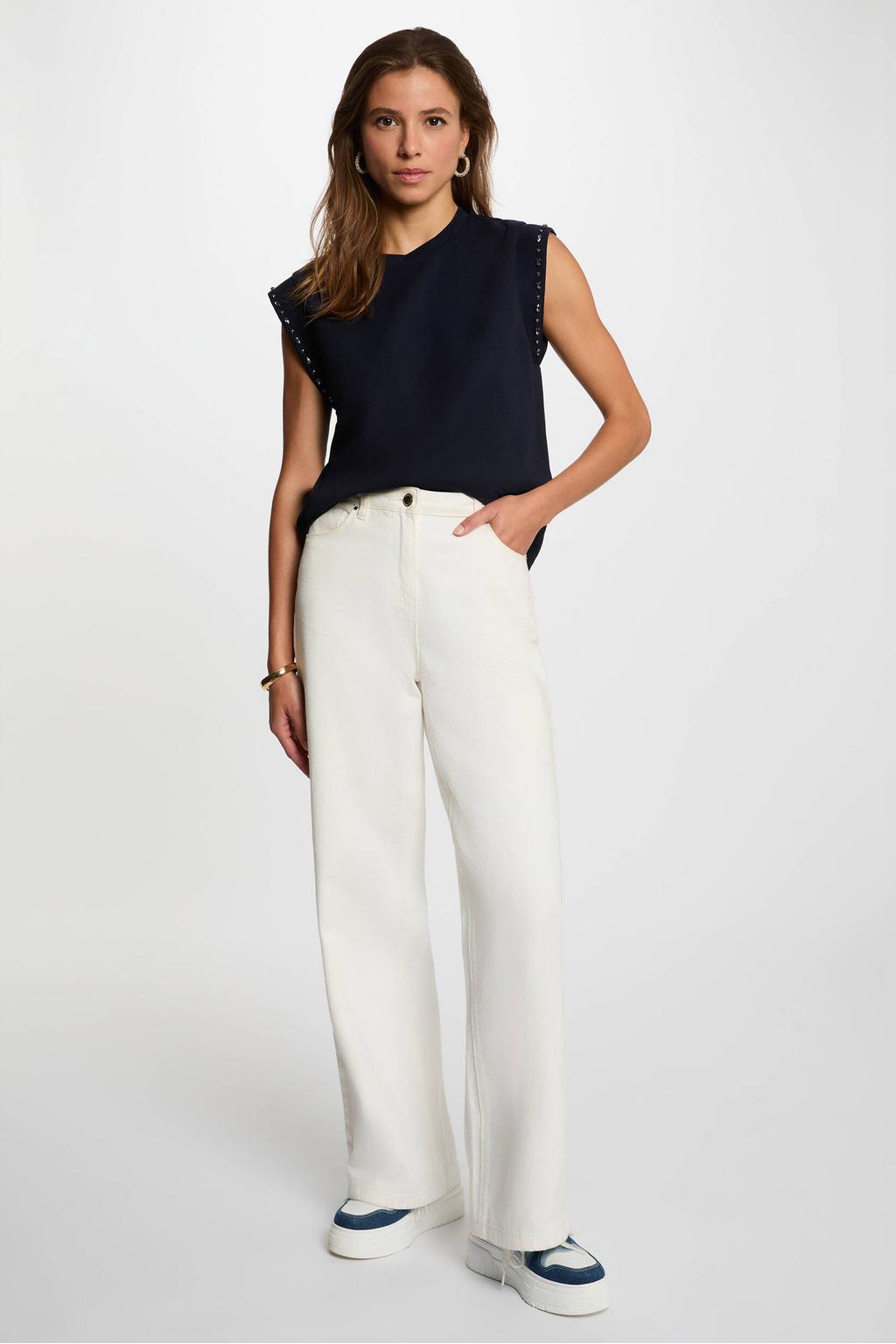 Marineblauw dames Morgan top blauw met effen, ronde hals en sierbandjes