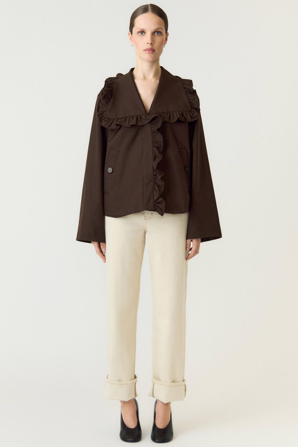 Donkerblauwe dames YAS trenchcoat van polyester met effen, lange mouwen, klassieke kraag, knoopsluiting en ruches
