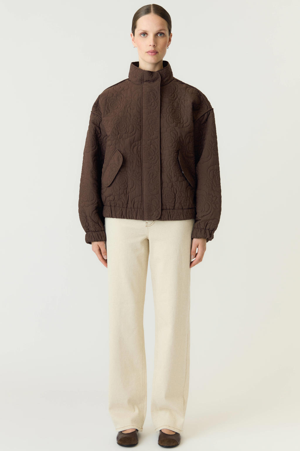 Bruine dames YAS quilted jas van polyester met effen, lange mouwen en col