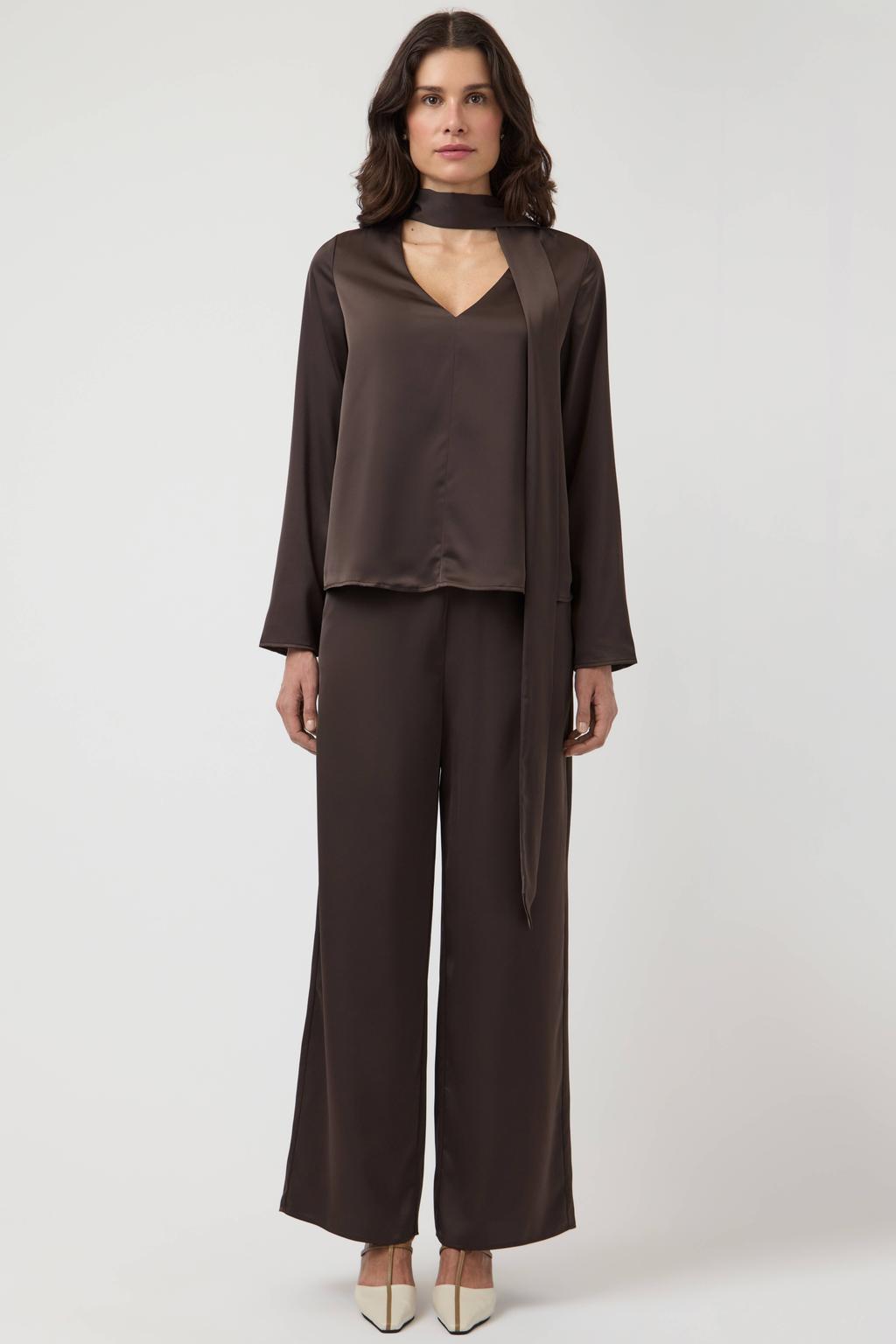Bruine dames YAS regular fit casual broek van polyester met effen