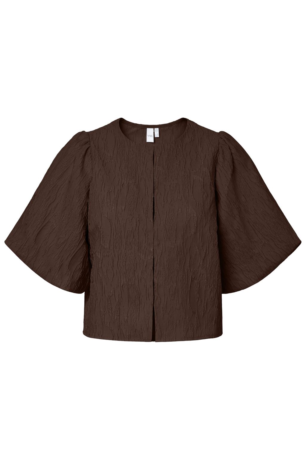 Bruine dames YAS regular fit jacquard top van polyester met effen, korte mouwen en ronde hals