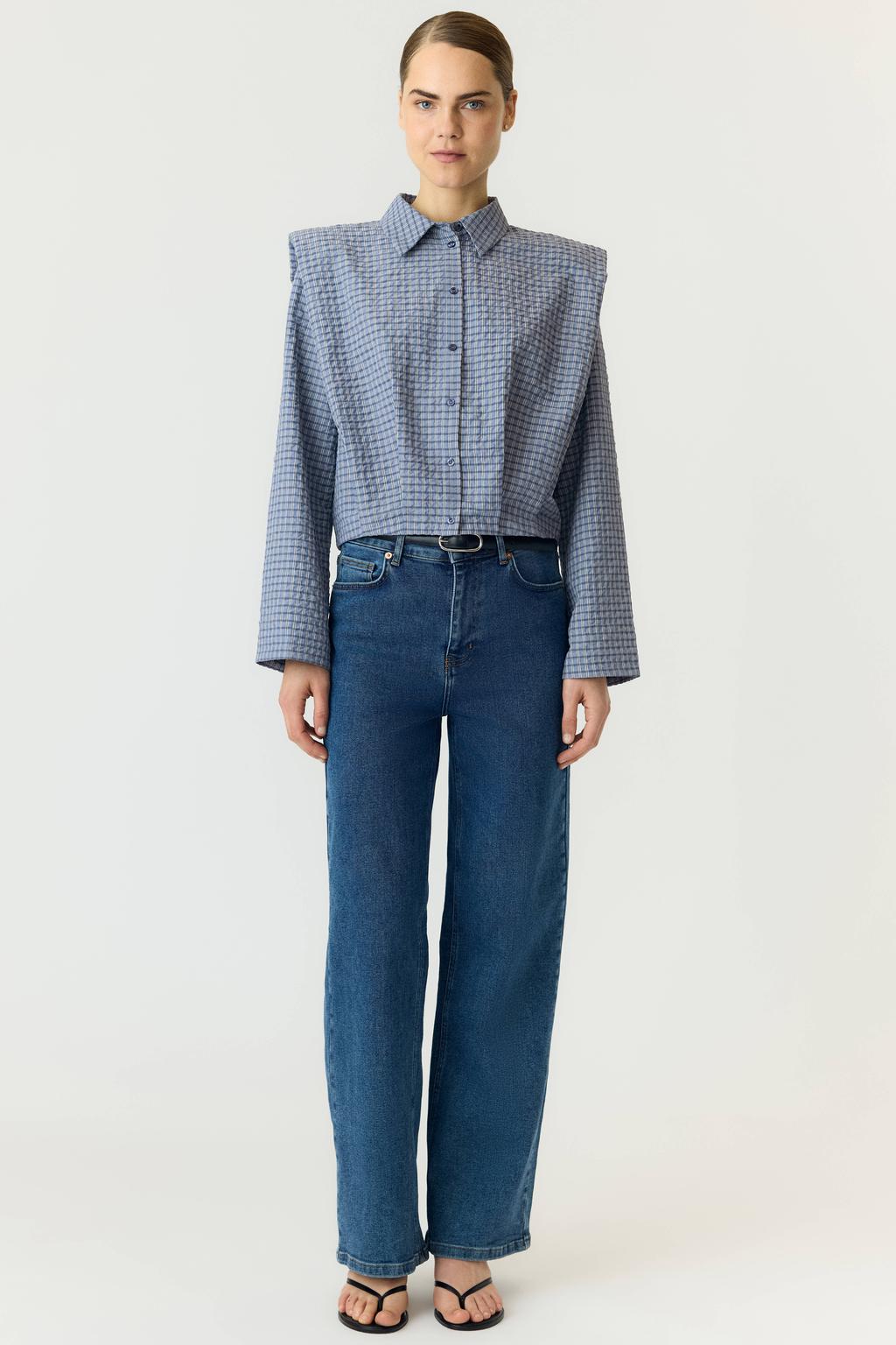 Blauwe dames YAS geruite blouse van katoen met lange mouwen, klassieke kraag, knoopsluiting en schoudervulling