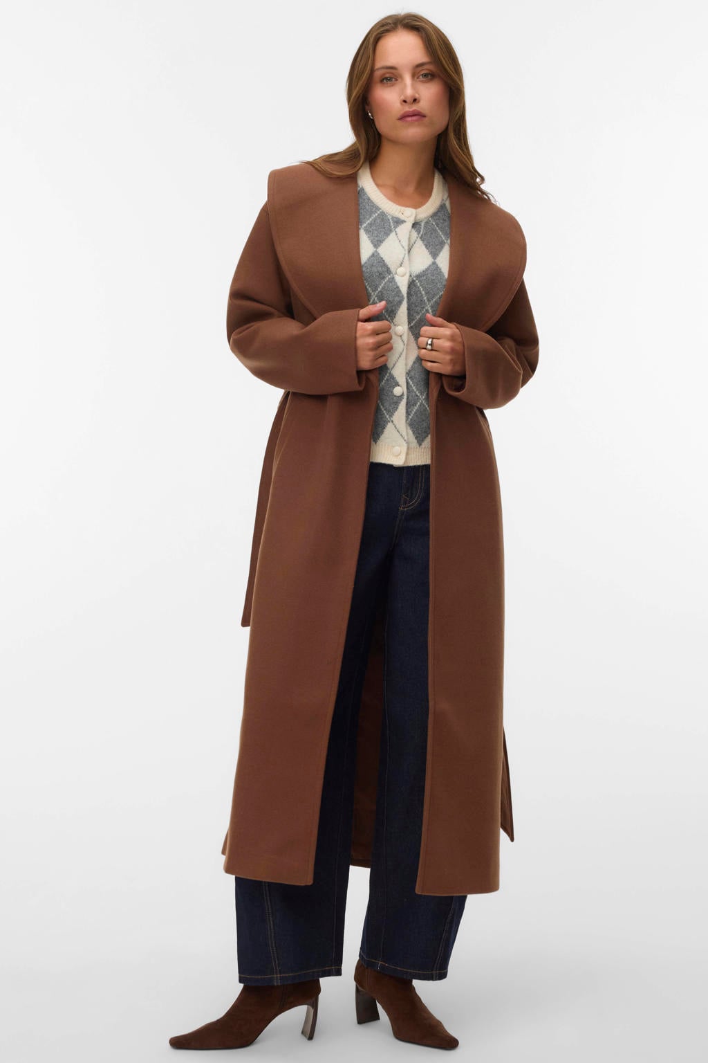 Bruine dames VERO MODA wintermantel van polyester met effen, lange mouwen, reverskraag, striksluiting en ceintuur