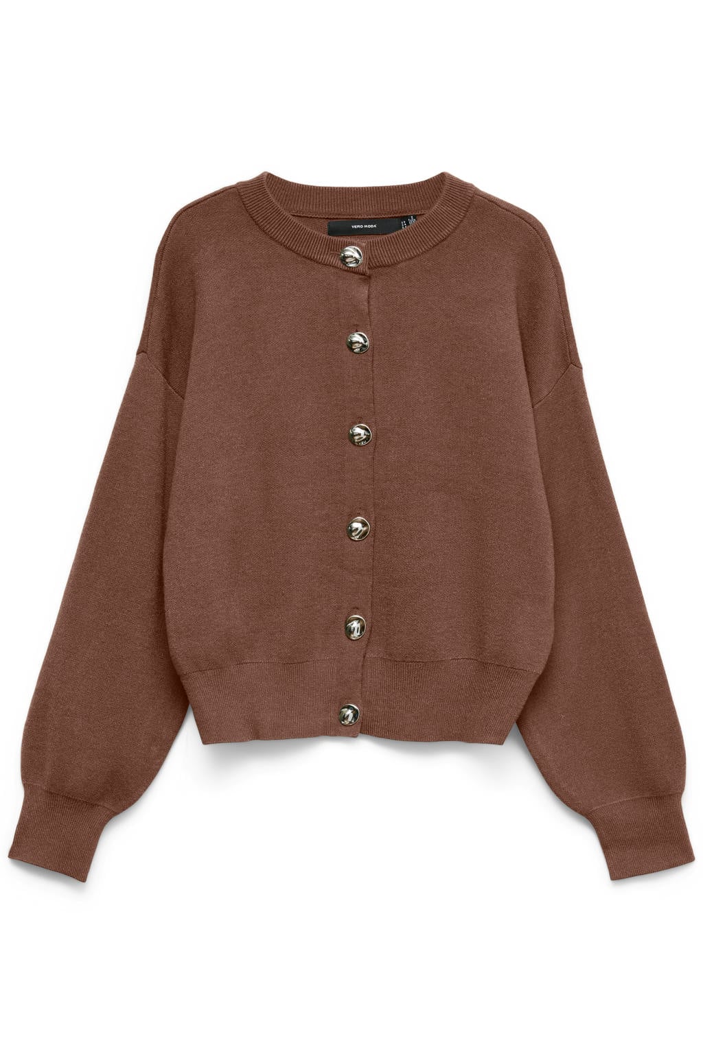 Bruine dames VERO MODA gebreide vest van viscose met effen, lange mouwen, ronde hals en knoopsluiting