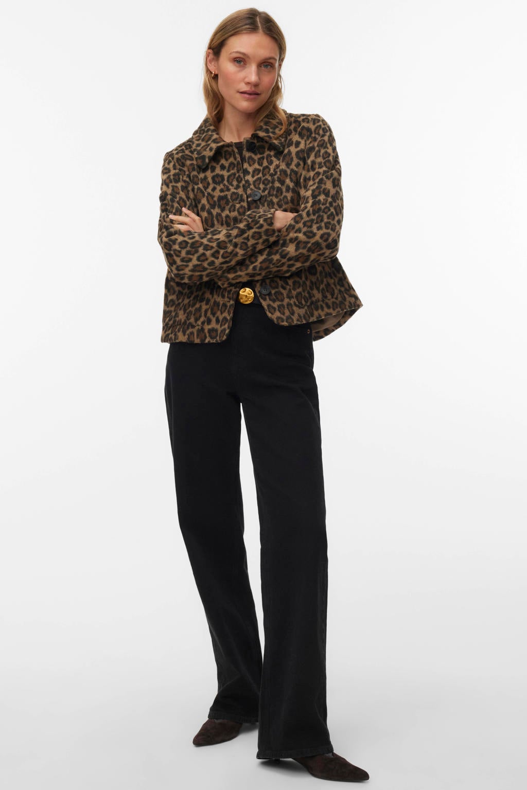 Bruine dames VERO MODA jas van polyester met dierenprint, lange mouwen en widespread hals