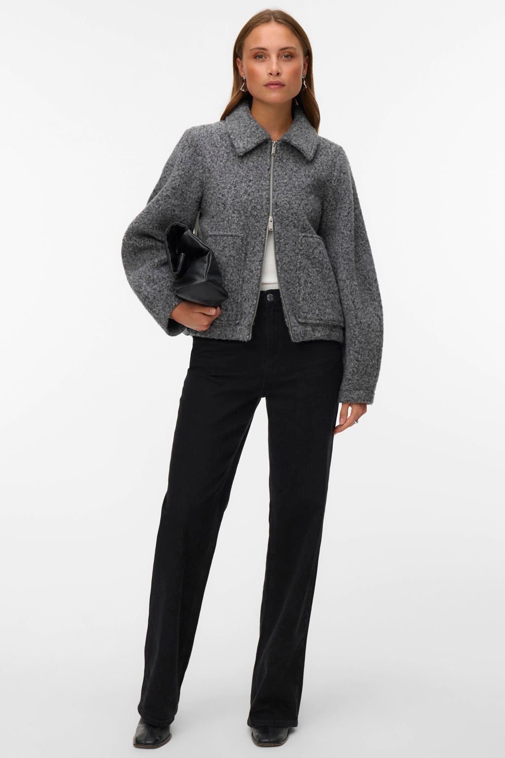 Grijze dames VERO MODA jas van polyester met effen, lange mouwen en ritssluiting