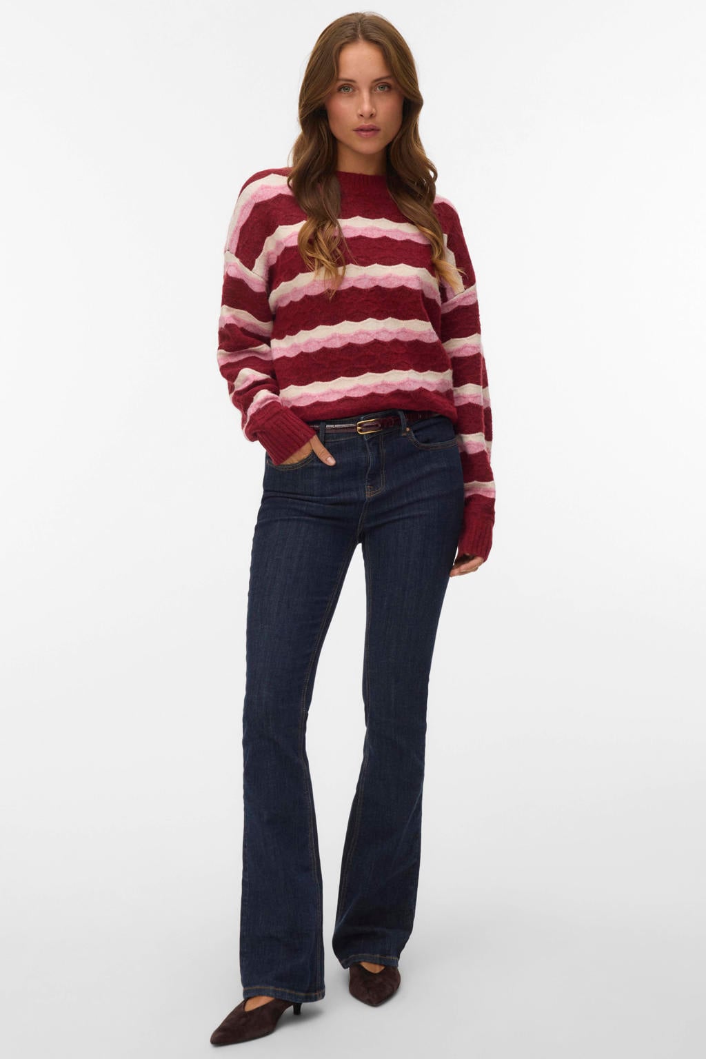 Rode dames VERO MODA gebreide gestreepte trui van polyester met lange mouwen en ronde hals