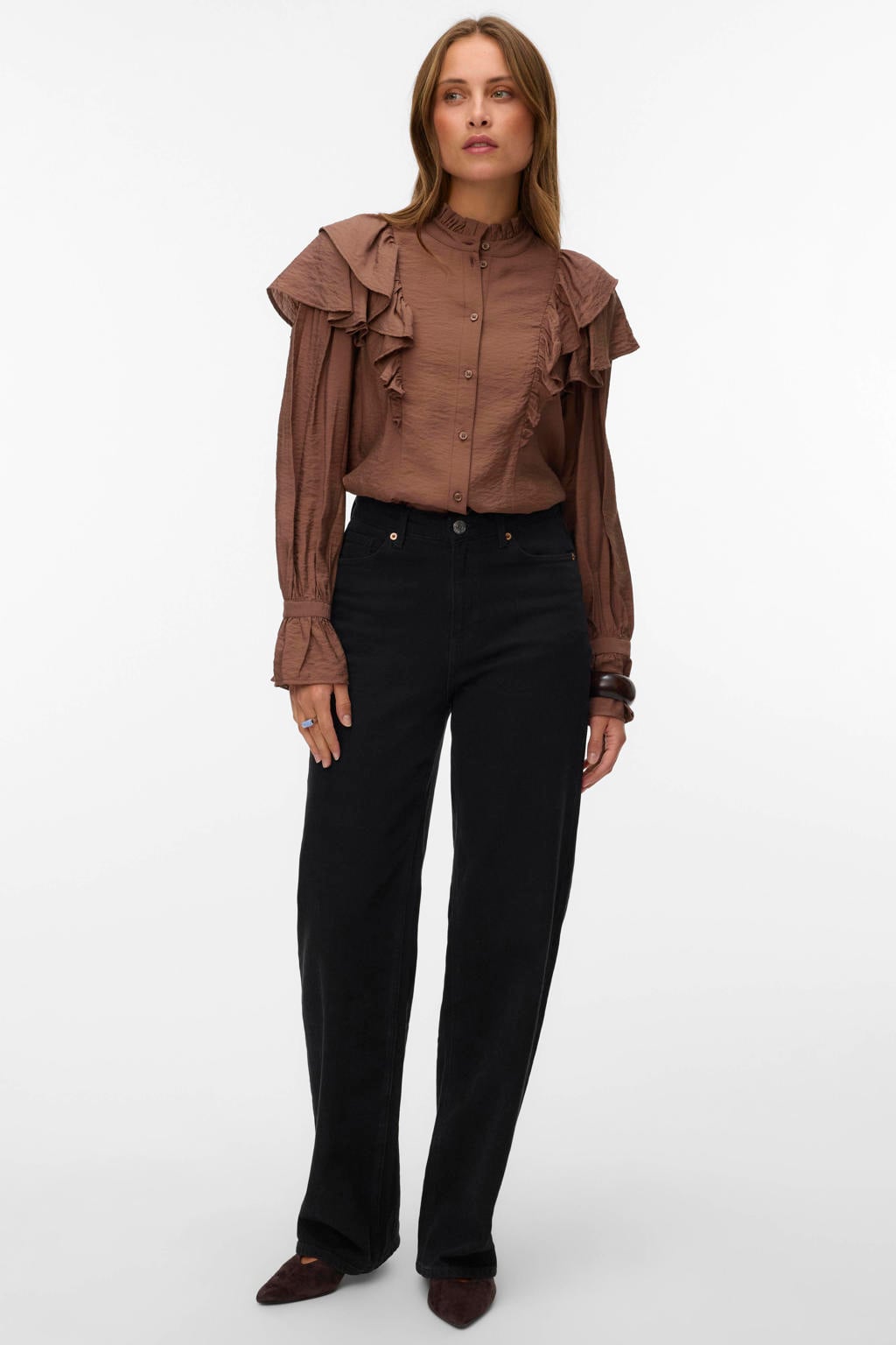 Bruine dames VERO MODA blouse van textileen met effen, lange mouwen, klassieke kraag, knoopsluiting en geweven detail