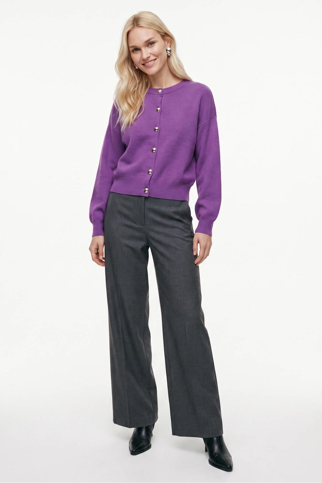 Paarse dames VERO MODA gebreid vest van viscose met effen, lange mouwen, ronde hals en knoopsluiting