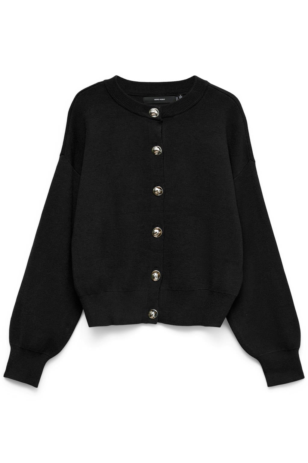 Zwarte dames VERO MODA gebreide vest van viscose met effen, lange mouwen, ronde hals en knoopsluiting