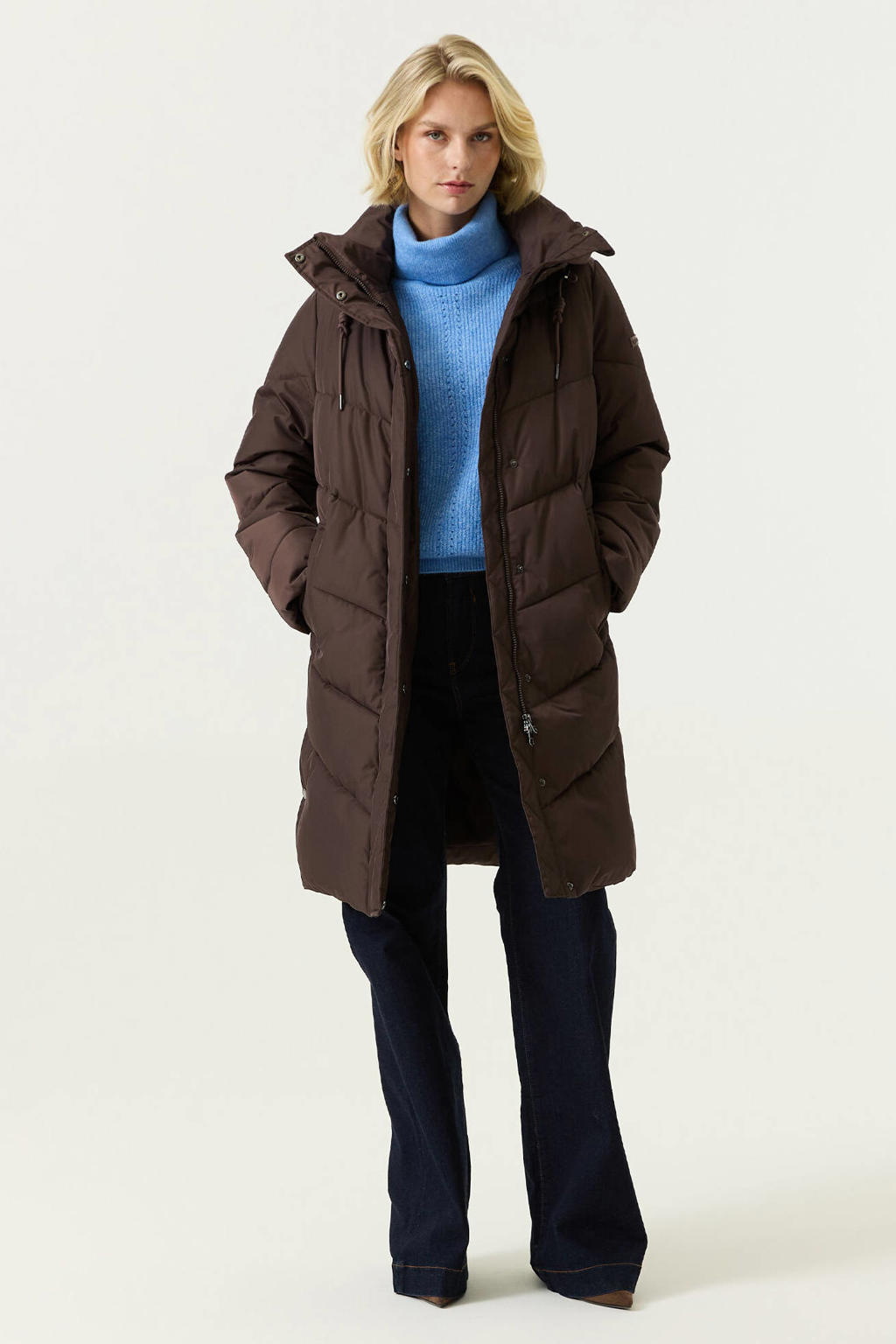 Bruine dames Garcia winterjas van polyester met effen, lange mouwen en capuchon