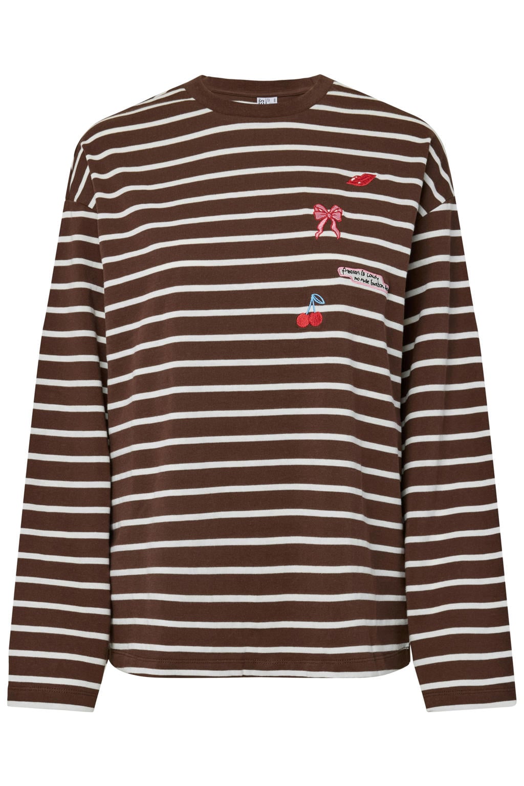 Donkerblauwe dames PIECES gestreept T-shirt van katoen met lange mouwen, ronde hals en patches