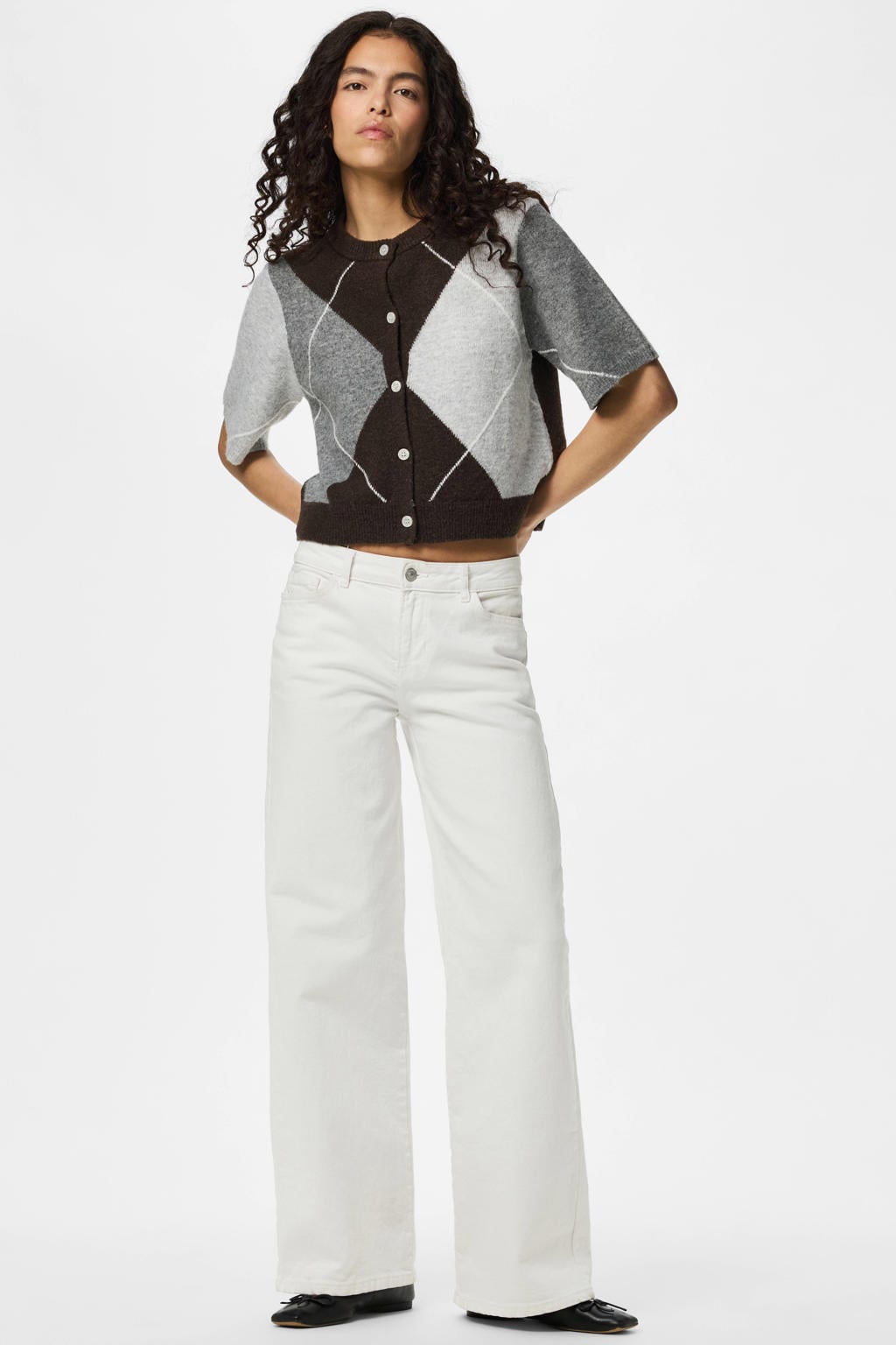 Bruine dames PIECES gebreide geruite vest met korte mouwen, ronde hals en knoopsluiting