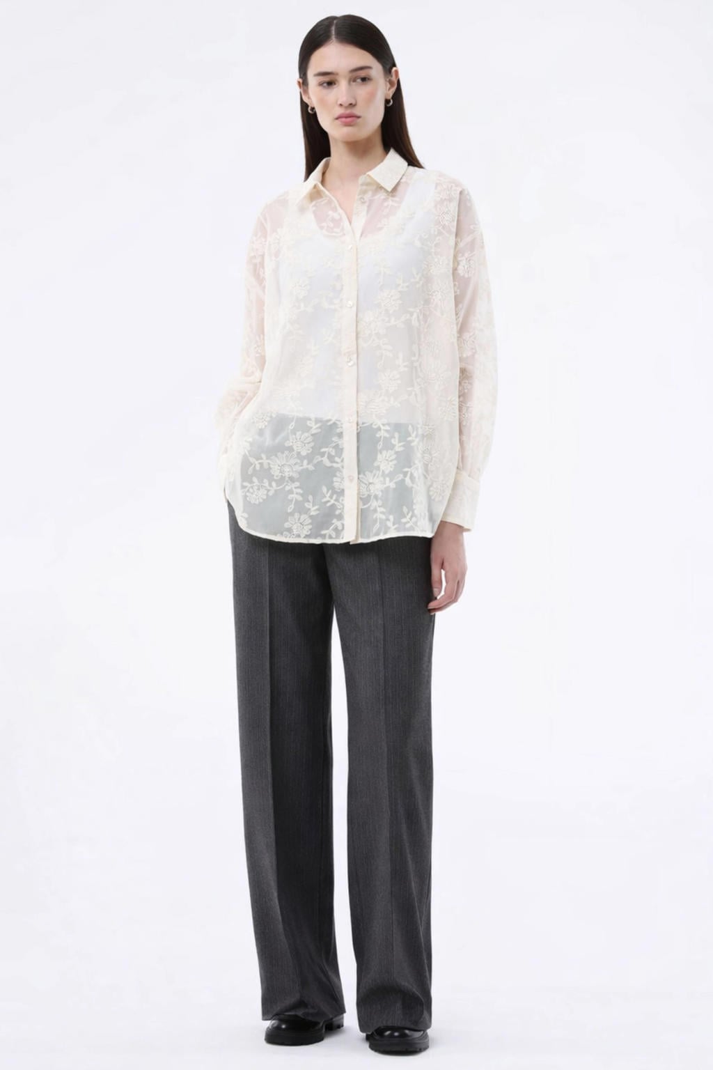 Grijs melange dames Modström straight leg broek en krijtstreep met rits, haak- en knoopsluiting