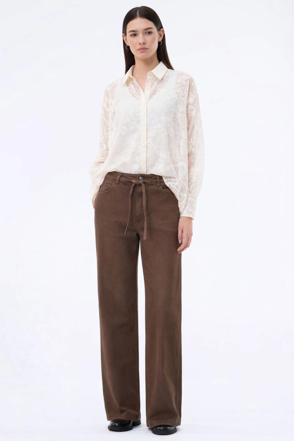 Bruine dames Modström wide leg jeans van denim met rits- en knoopsluiting en effen