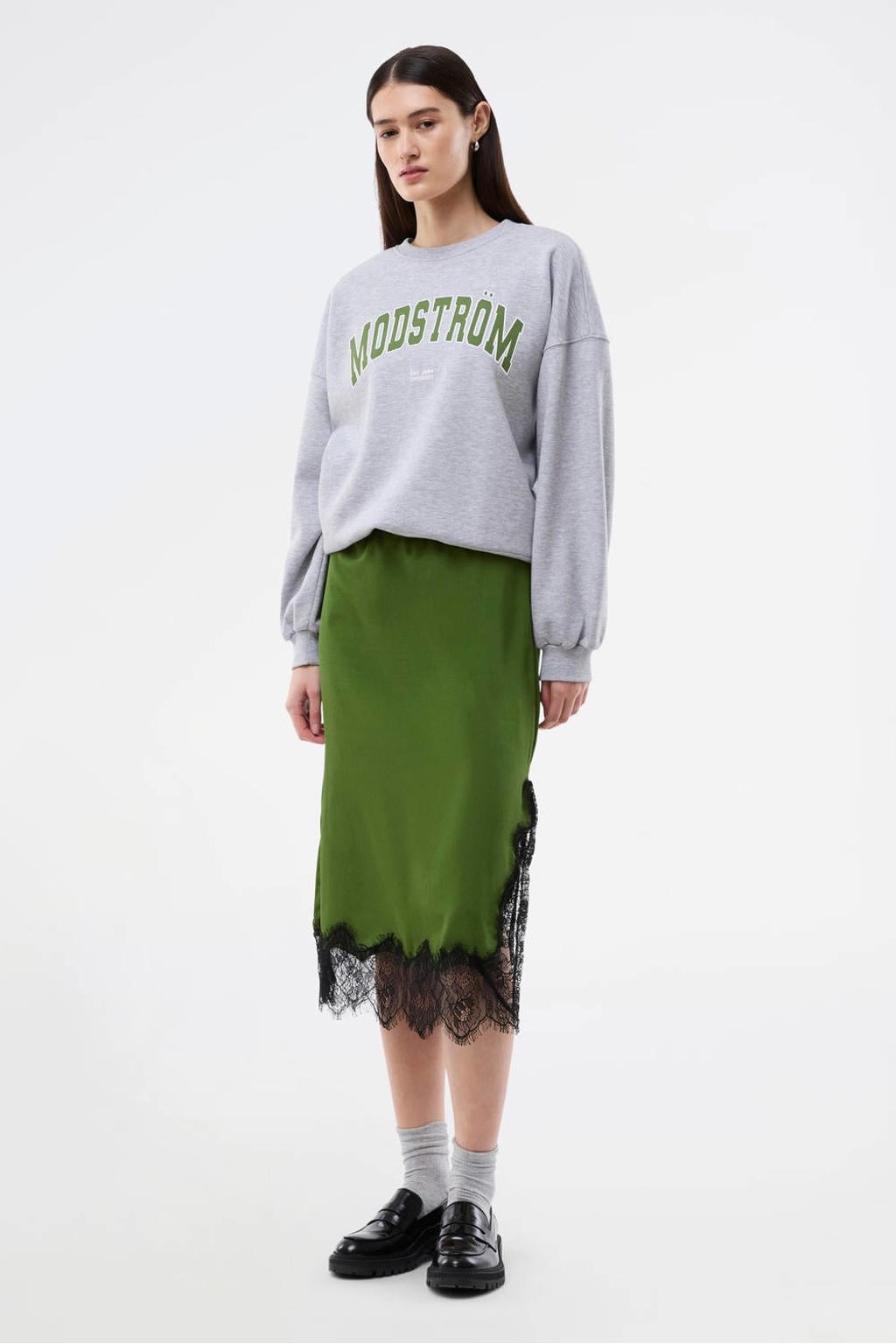 Grijs melange dames Modström sweater van katoen met tekst print, lange mouwen en ronde hals