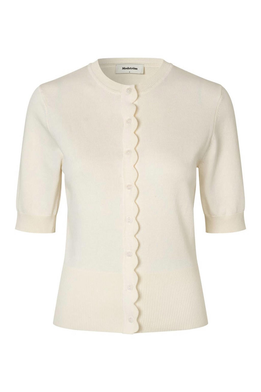 Crème dames Modström viscose gebreide vest crème met effen, korte mouwen, ronde hals en knoopsluiting