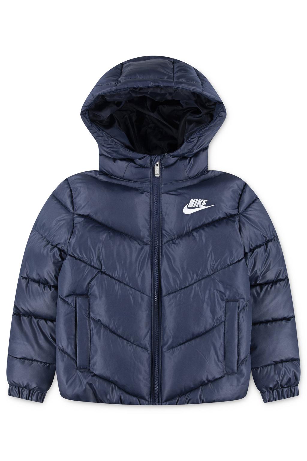 Donkerblauwe jongens Nike katoenen gewatteerde jas met lange mouwen, capuchon en ritssluiting