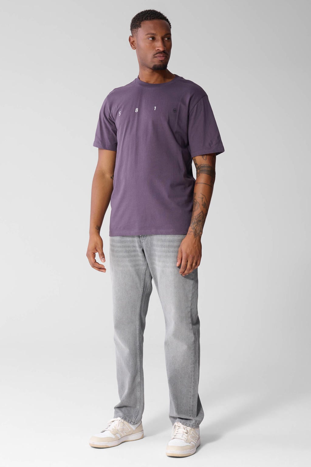 Paarse heren Shoeby regular fit T-shirt van katoen met korte mouwen en ronde hals