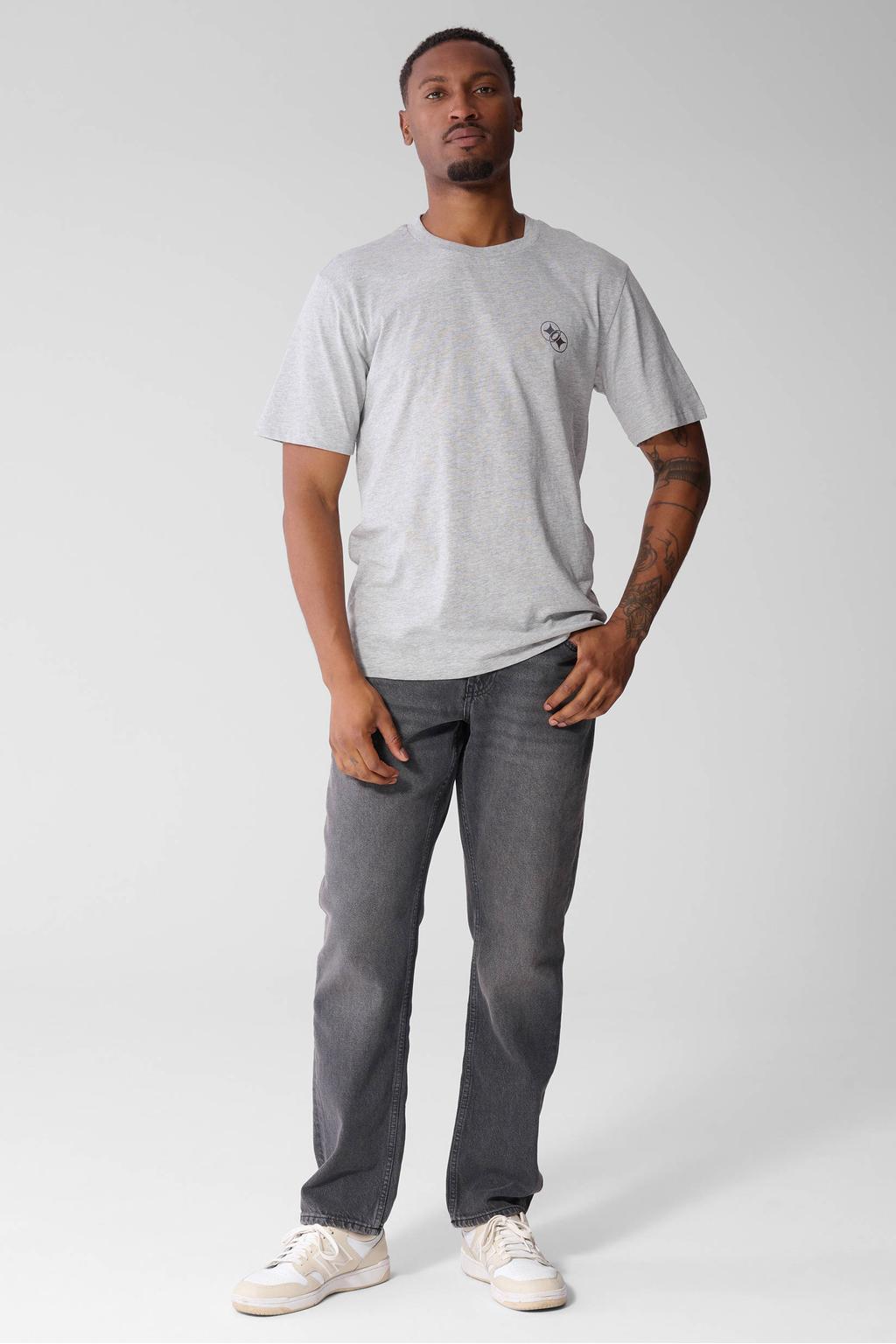 Lichtgrijze heren Shoeby regular fit T-shirt van katoen met effen, korte mouwen en ronde hals