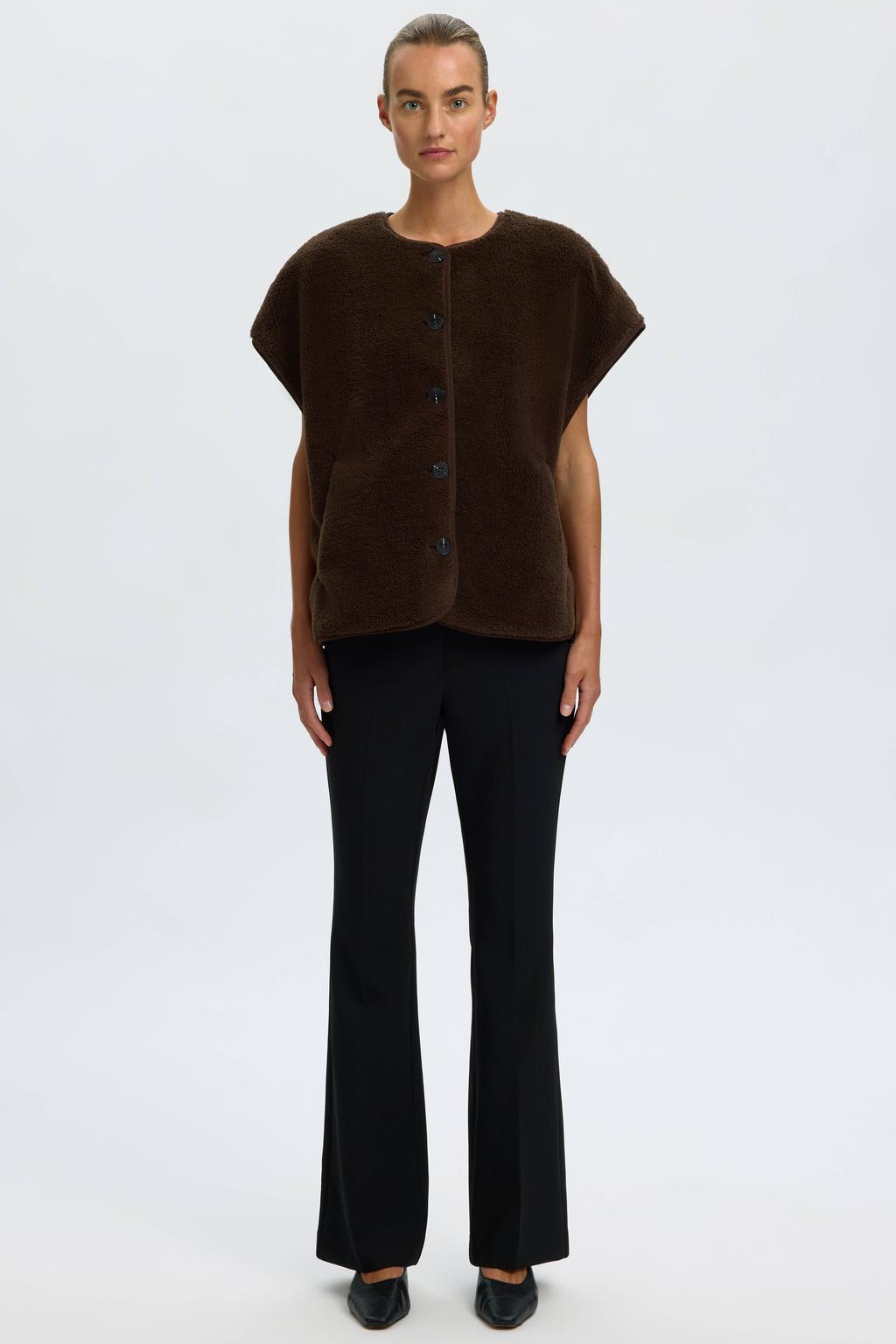 Donkerblauwe dames Selected Women teddy gilet met effen, ronde hals en knoopsluiting