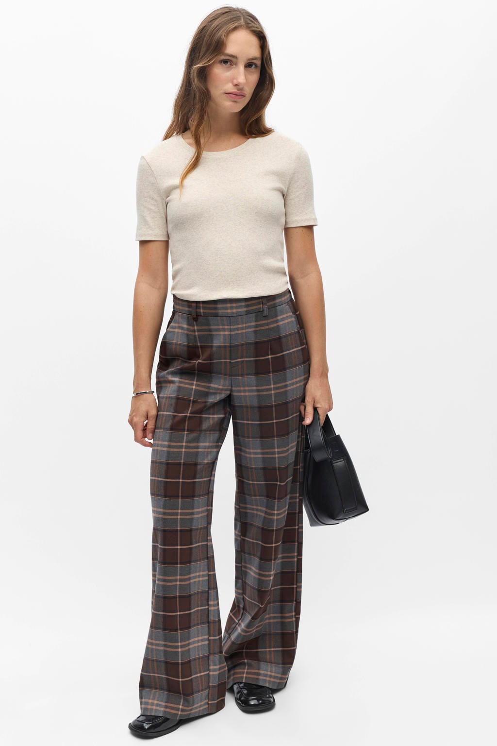 OBJECT wide leg geruite pantalon - bruin/meerkleurig