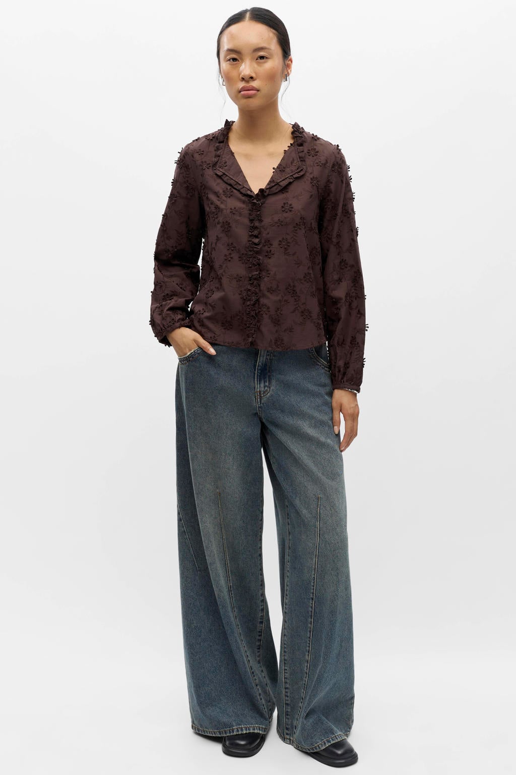 Bruine dames OBJECT gebloemde blouse van katoen met lange mouwen, V-hals, knoopsluiting en borduursels
