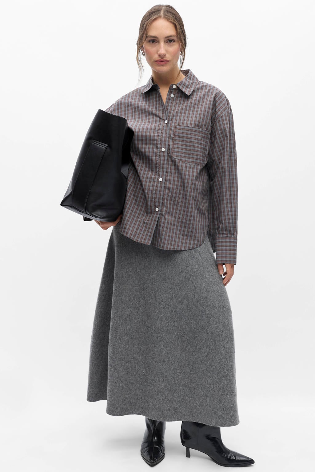 Grijs en bruine dames OBJECT gestreepte blouse van katoen met lange mouwen, klassieke kraag, knoopsluiting en geweven detail